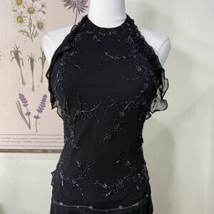 Vintage 90s Y2k Black Beaded Ruffle Silk Halter Top Whimsigoth Romantic Goth M